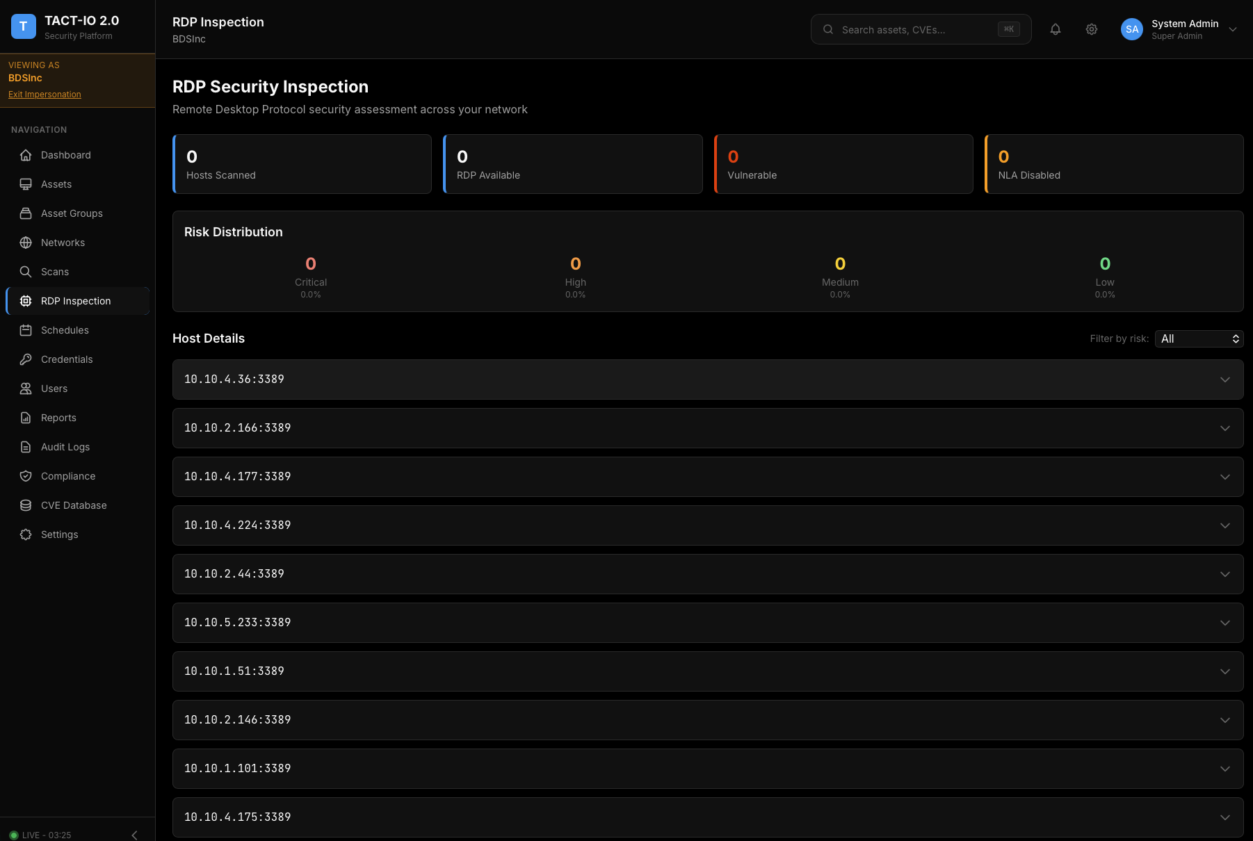 TACT-IO RDP Security Inspection showing protocol assessment