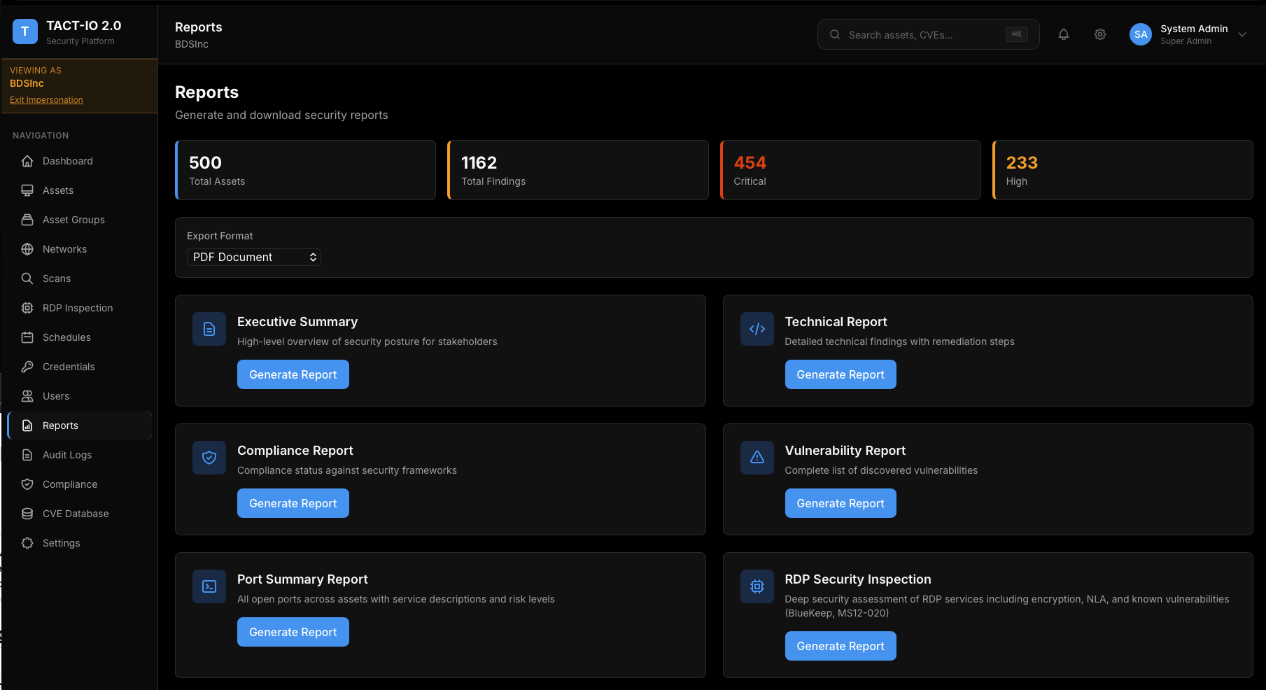TACT-IO Reports showing Executive Summary, Technical Report, Compliance Report options
